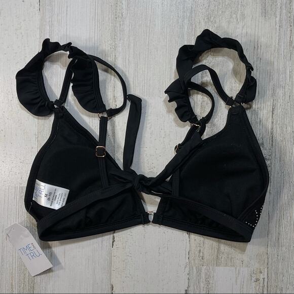 Ruffled Tie Bikini Swim Top Medium (8-10) Black with Gold Studs - Picture 3 of 5